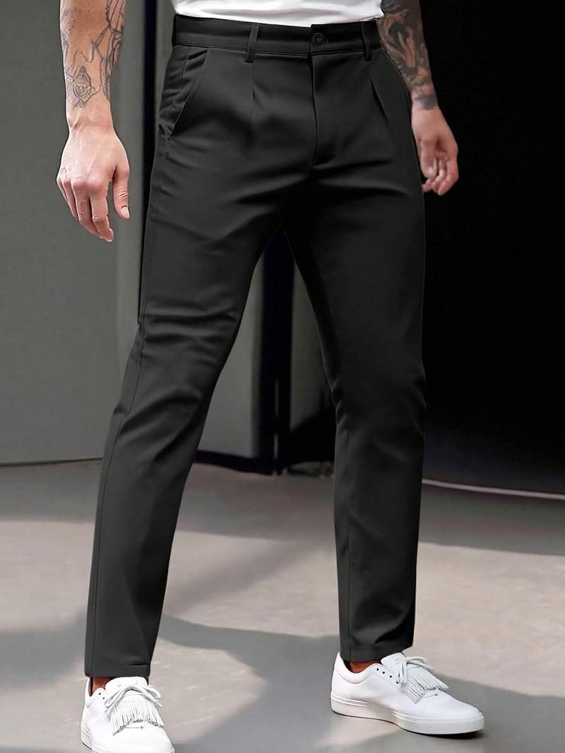 Men’s High Waist Pleated Slim Fit Twill Dress Pants