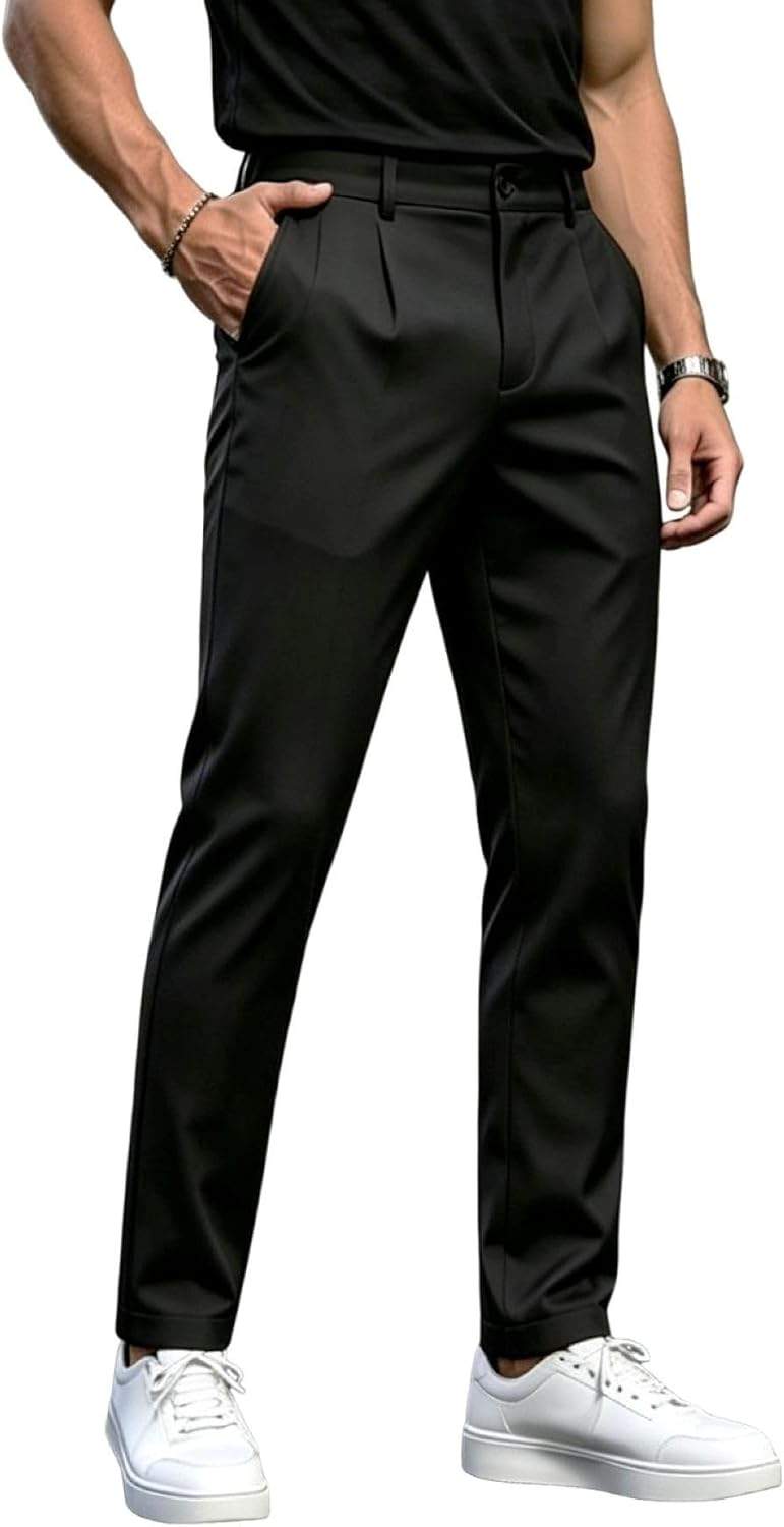 Men’s High Waist Pleated Slim Fit Twill Dress Pants