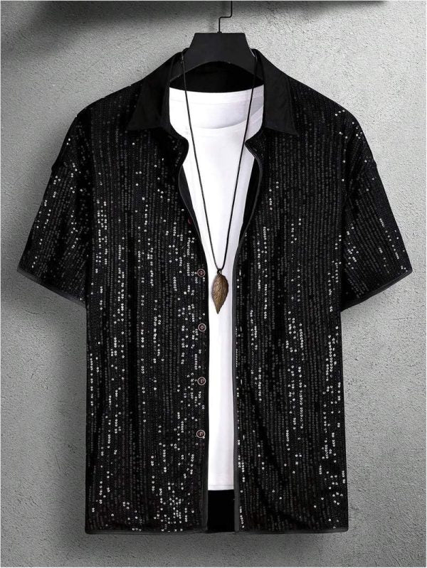 Men’s All Over Sequin Short Sleeve Button Down Shirt