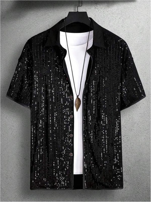 Men’s All Over Sequin Short Sleeve Button Down Shirt