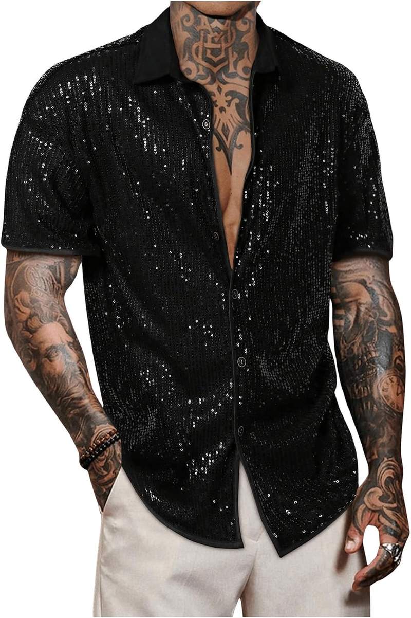 Men’s All Over Sequin Short Sleeve Button Down Shirt