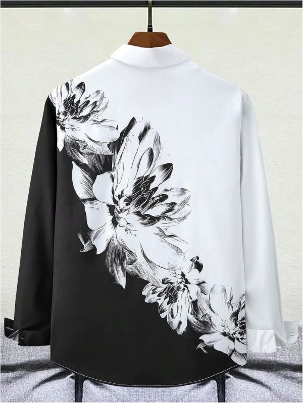 Men’s Floral Color Block Long Sleeve Button Down Collared Shirt