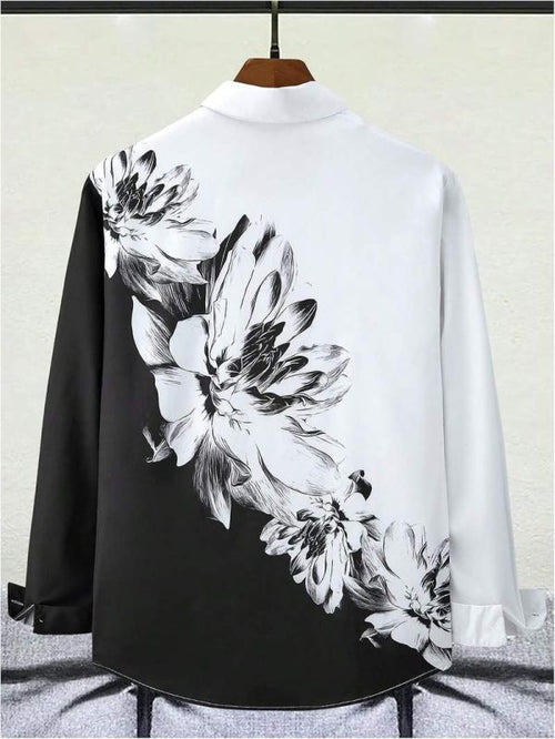 Men’s Floral Color Block Long Sleeve Button Down Collared Shirt