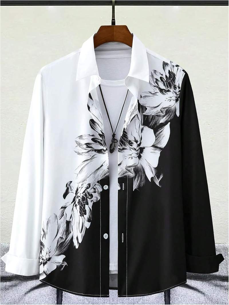 Men’s Floral Color Block Long Sleeve Button Down Collared Shirt