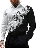 Men’s Floral Color Block Long Sleeve Button Down Collared Shirt
