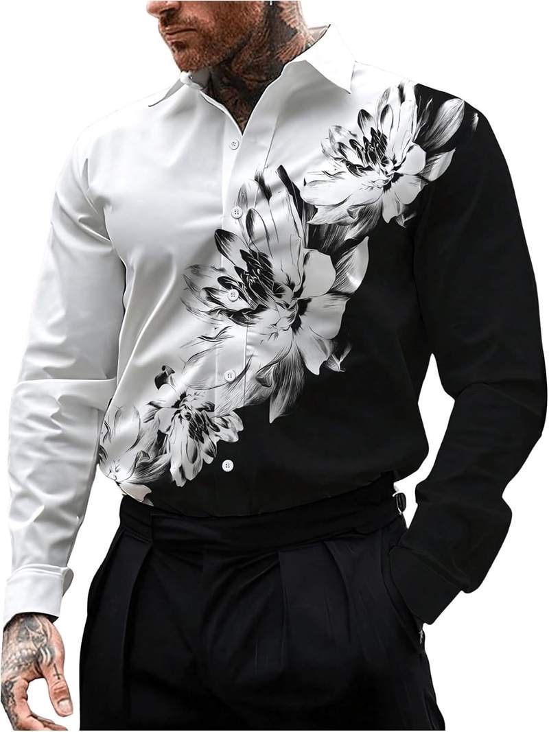 Men’s Floral Color Block Long Sleeve Button Down Collared Shirt