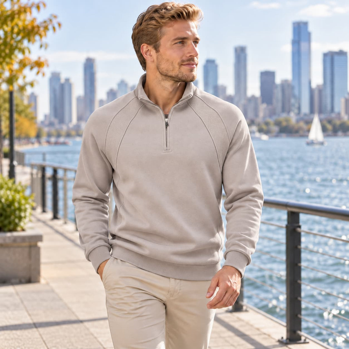 Men’s Raglan Quarter Zip Cotton Sweatshirt
